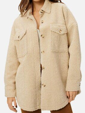 Good American Women's Beige Contour Faux Shearling Sherpa Shirt Jacket Size:00/0